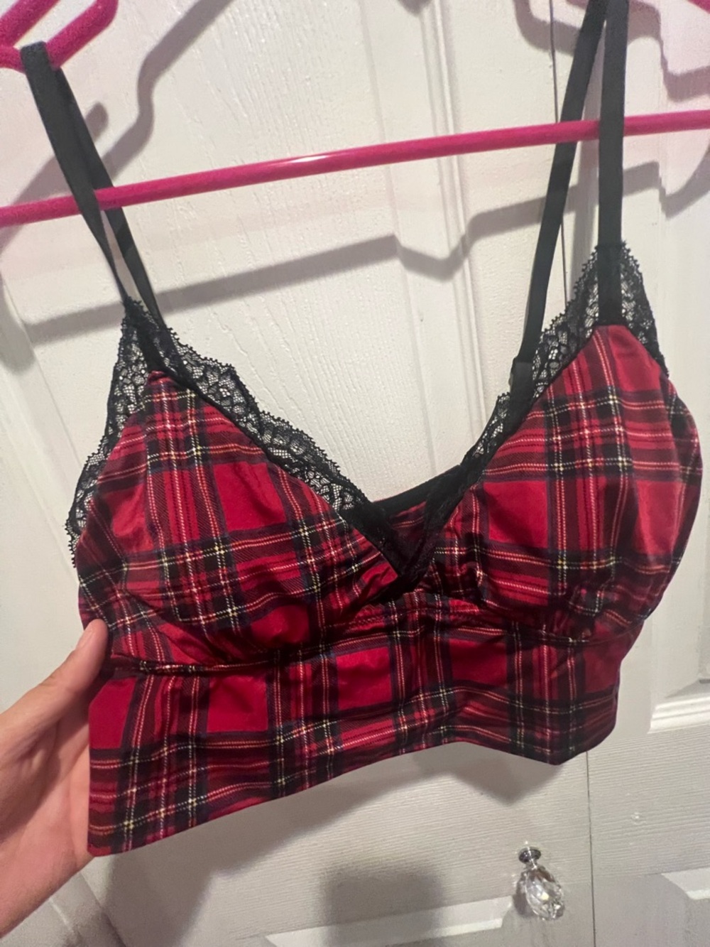 Abercrombie & Fitch Red Plaid Lace-Trim Bralette